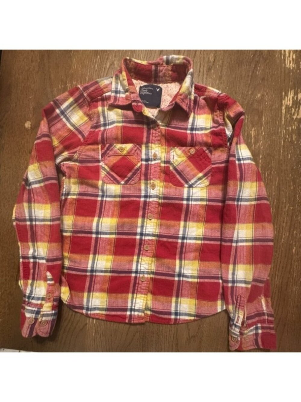 American Eagle Sz 6 Red yellow Blue Plaid Flannel Button Down Pocket Autumn Fall